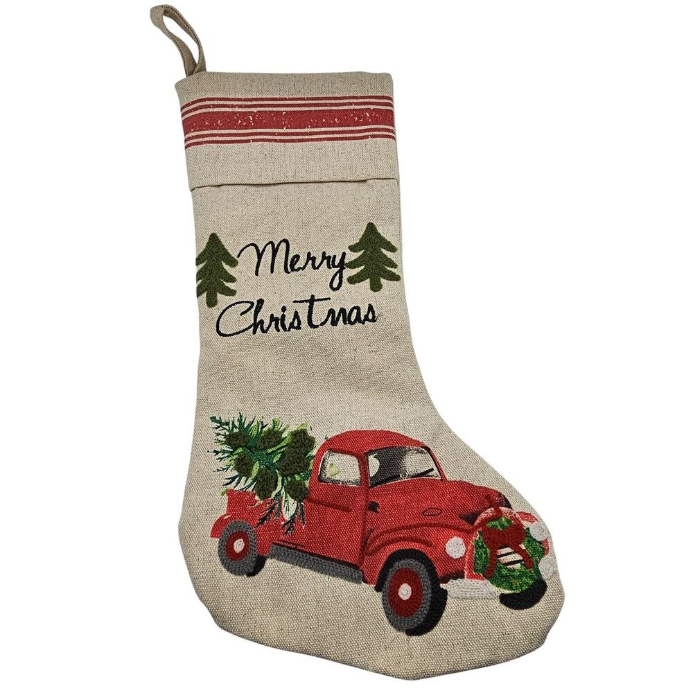 Holiday Time Linen Red Truck Christmas Stocking